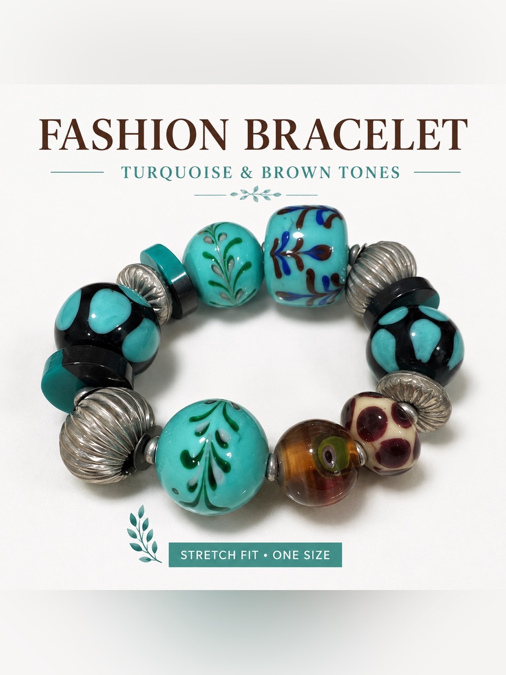 Turquoise & Brown Artisan Glass Bead Stretch Bracelet | Boho Statement Jewelry